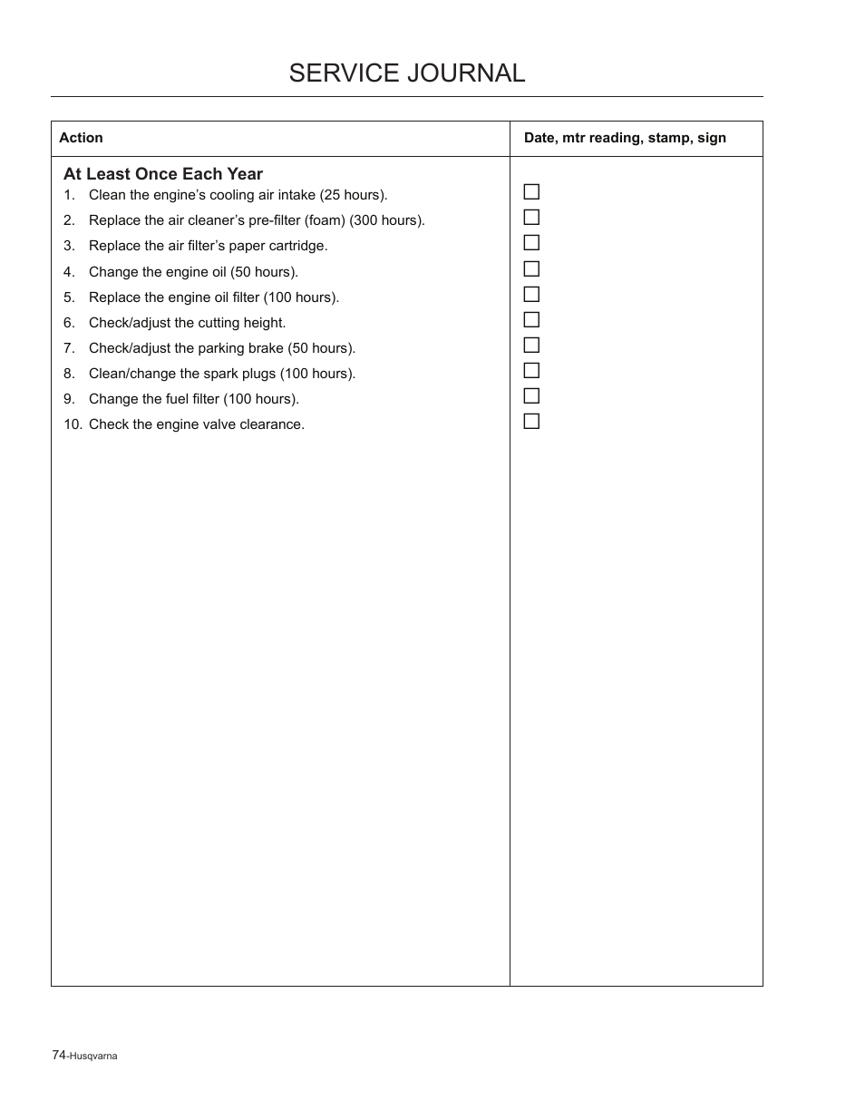 Service journal | Husqvarna 965881201 User Manual | Page 74 / 76