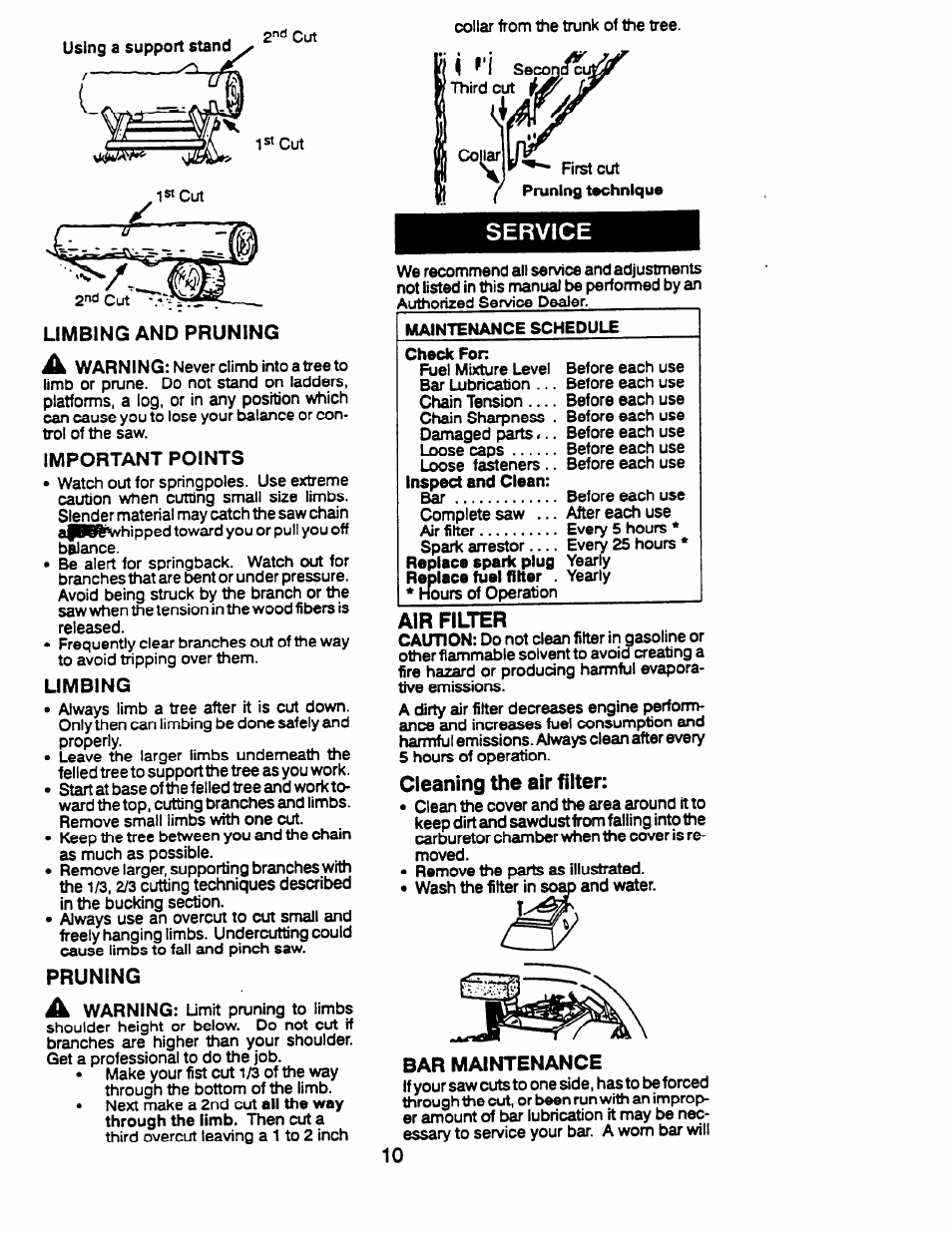 Limbing and pruning, Important points, Limbing | Pruning, Air filter, Cleaning the air filter, Bar maintenance, Service, Limbing and pruning a warning | Husqvarna 23 COMPACT User Manual | Page 10 / 15