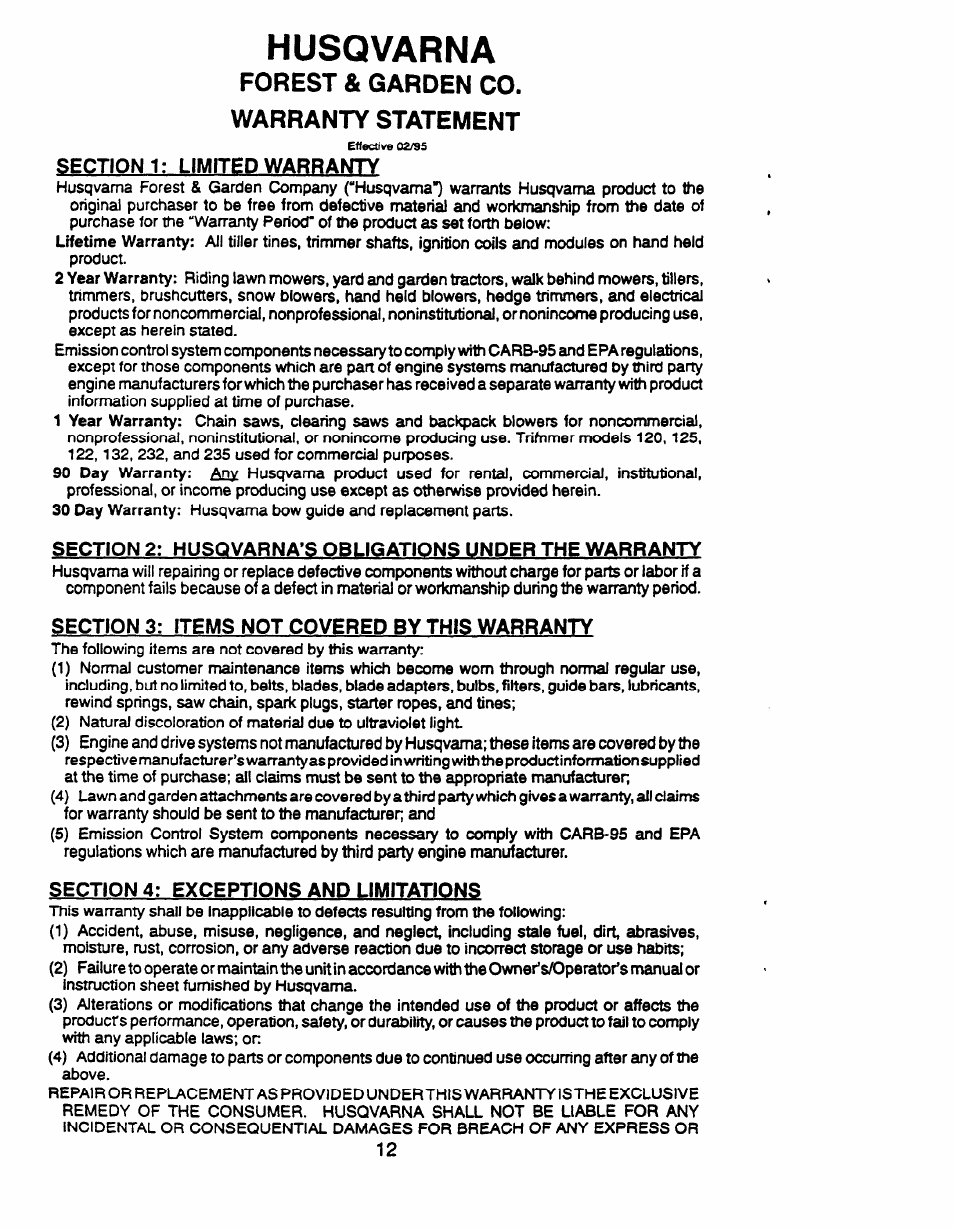 Forest & garden co, Warranty statement, Section 1: limited warranty | Section 3: items not covered by this warranty, Section 4: exceptions and limitations, Husqvarna, Forest & garden co. warranty statement | Husqvarna 23 COMPACT User Manual | Page 12 / 15