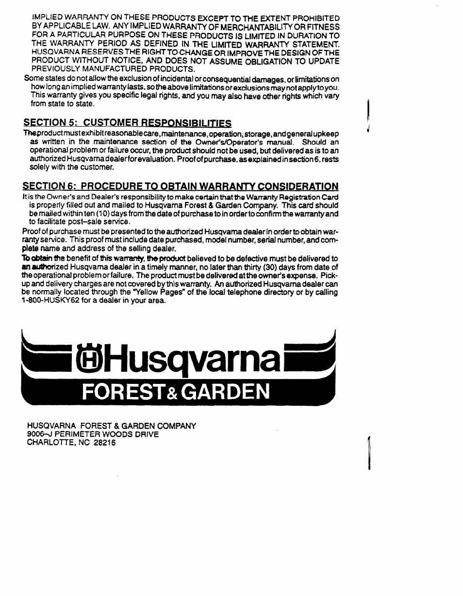 Section 5: customer respqnsibilities, Forest&garden, Husqvama | Husqvarna 23 COMPACT User Manual | Page 13 / 15