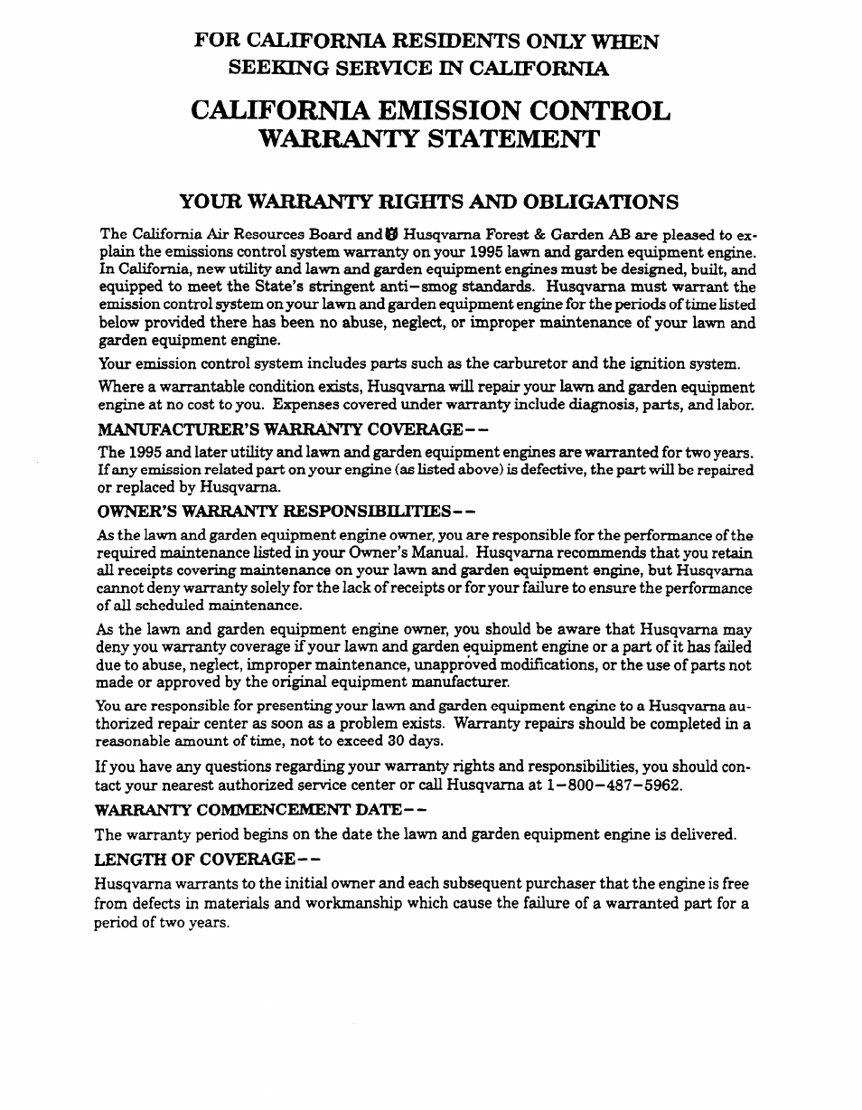 For california residents only when, California emission control warranty statement | Husqvarna 23 COMPACT User Manual | Page 14 / 15