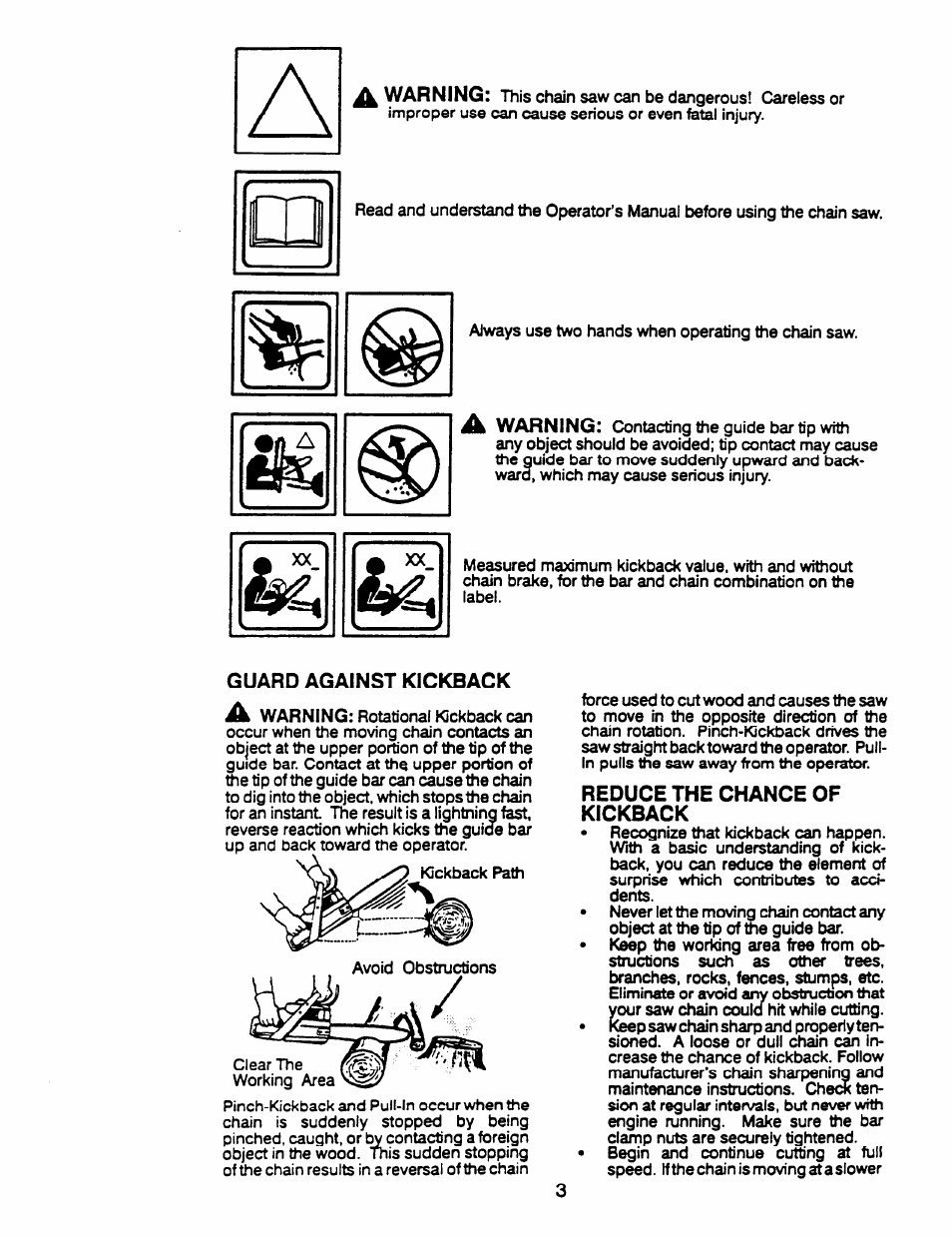 Guard against kickback, Reduce the chance of kickback, Z__ x | Warning | Husqvarna 23 COMPACT User Manual | Page 3 / 15