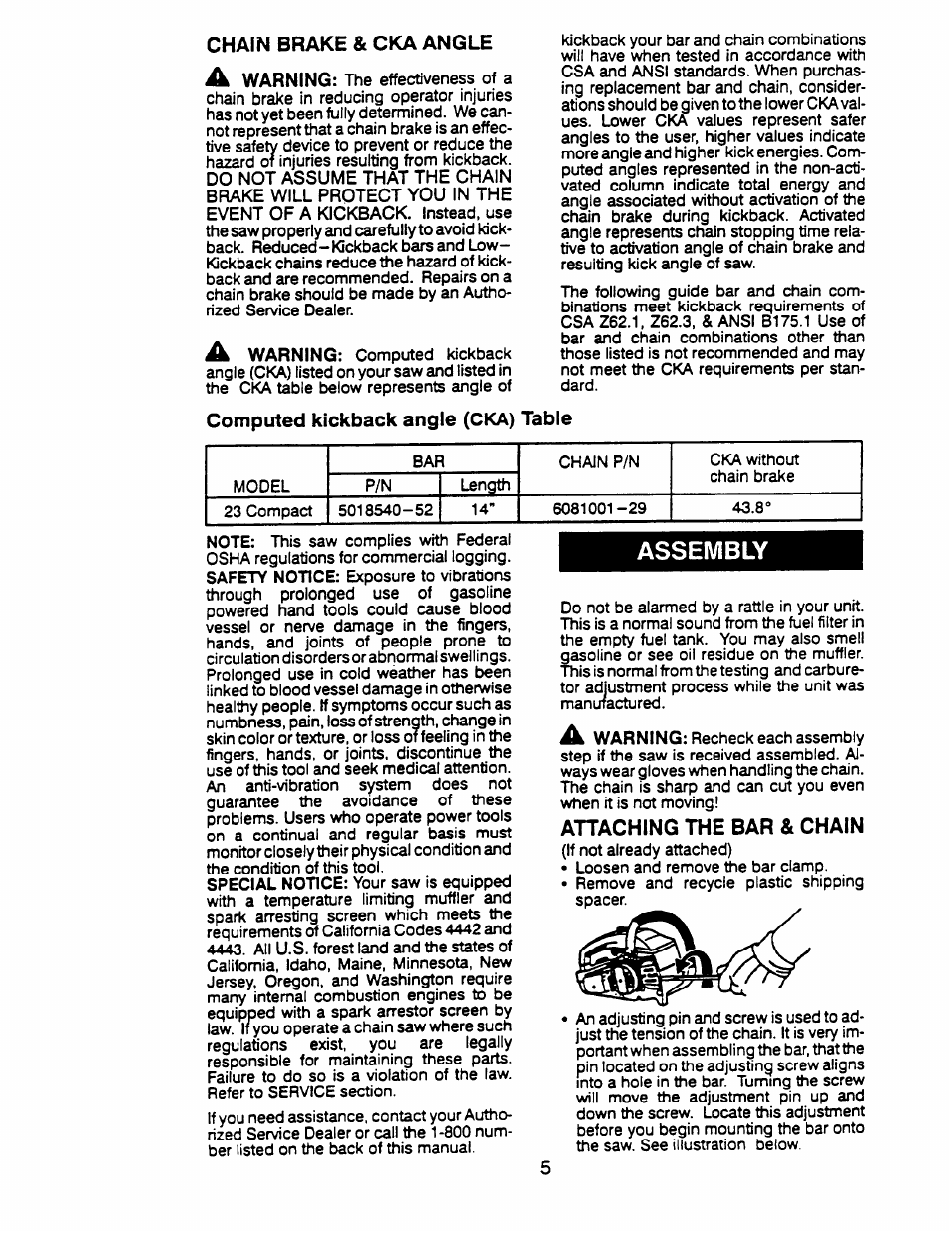 Assembly, Attaching the bar & chain, Chain brake & ска angle | Warning, A warning, Computed kickback angle (cka) table | Husqvarna 23 COMPACT User Manual | Page 5 / 15