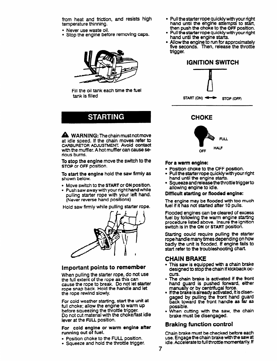 Ignition switch, Chain brake, Braking function contro | Lt¿гí, Starting, Choke | Husqvarna 23 COMPACT User Manual | Page 7 / 15