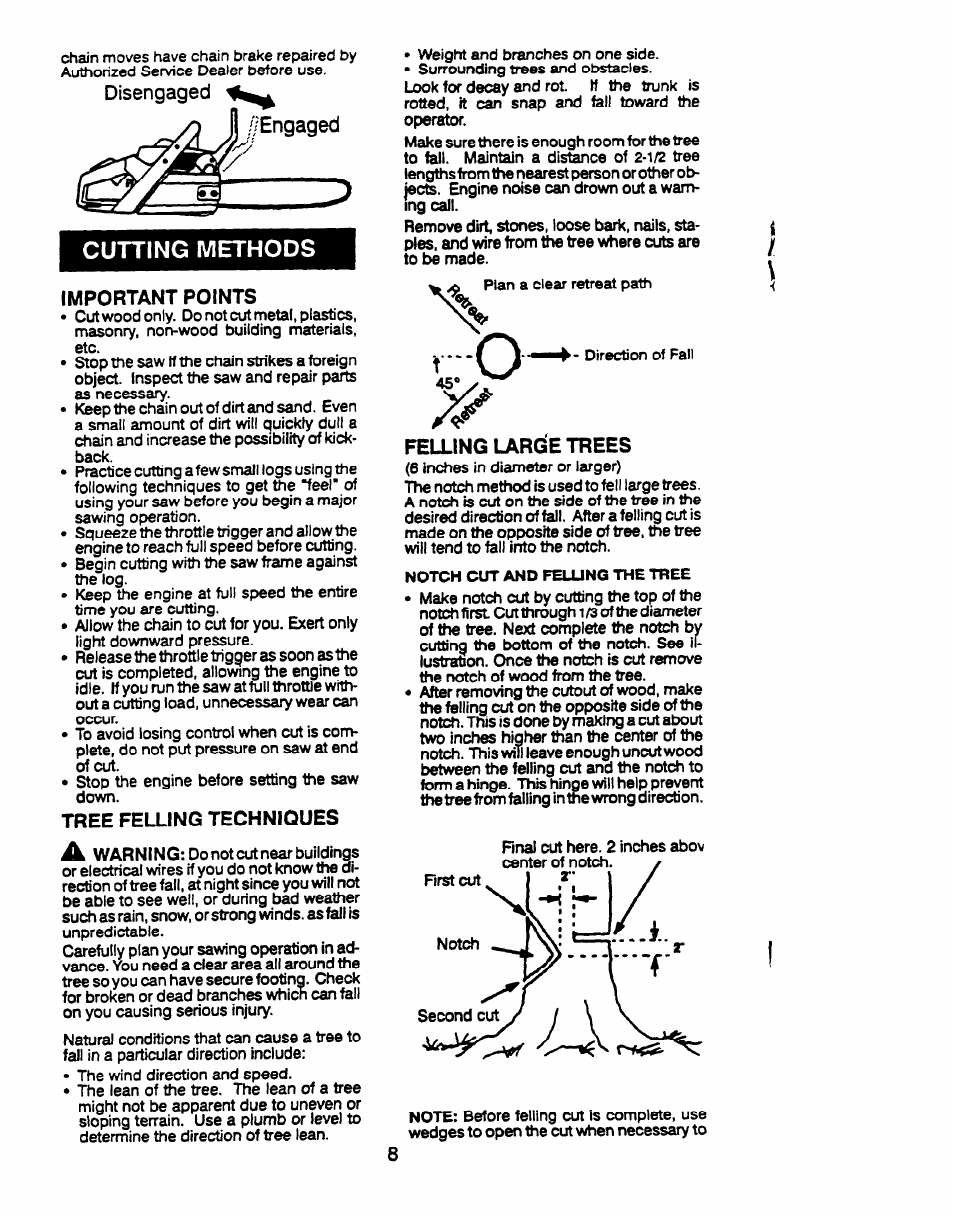Cutting methods, Important points, Tree felling techniques | Felling large trees, Engaged | Husqvarna 23 COMPACT User Manual | Page 8 / 15