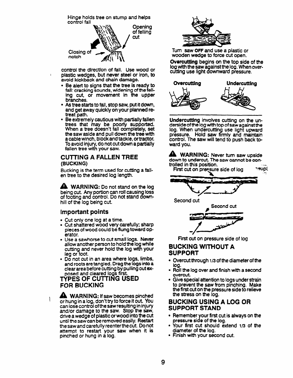 Cutting a fallen tree, Important points, Types of cutting used for bucking | Bucking without a support, Bucking using a log or support stand | Husqvarna 23 COMPACT User Manual | Page 9 / 15