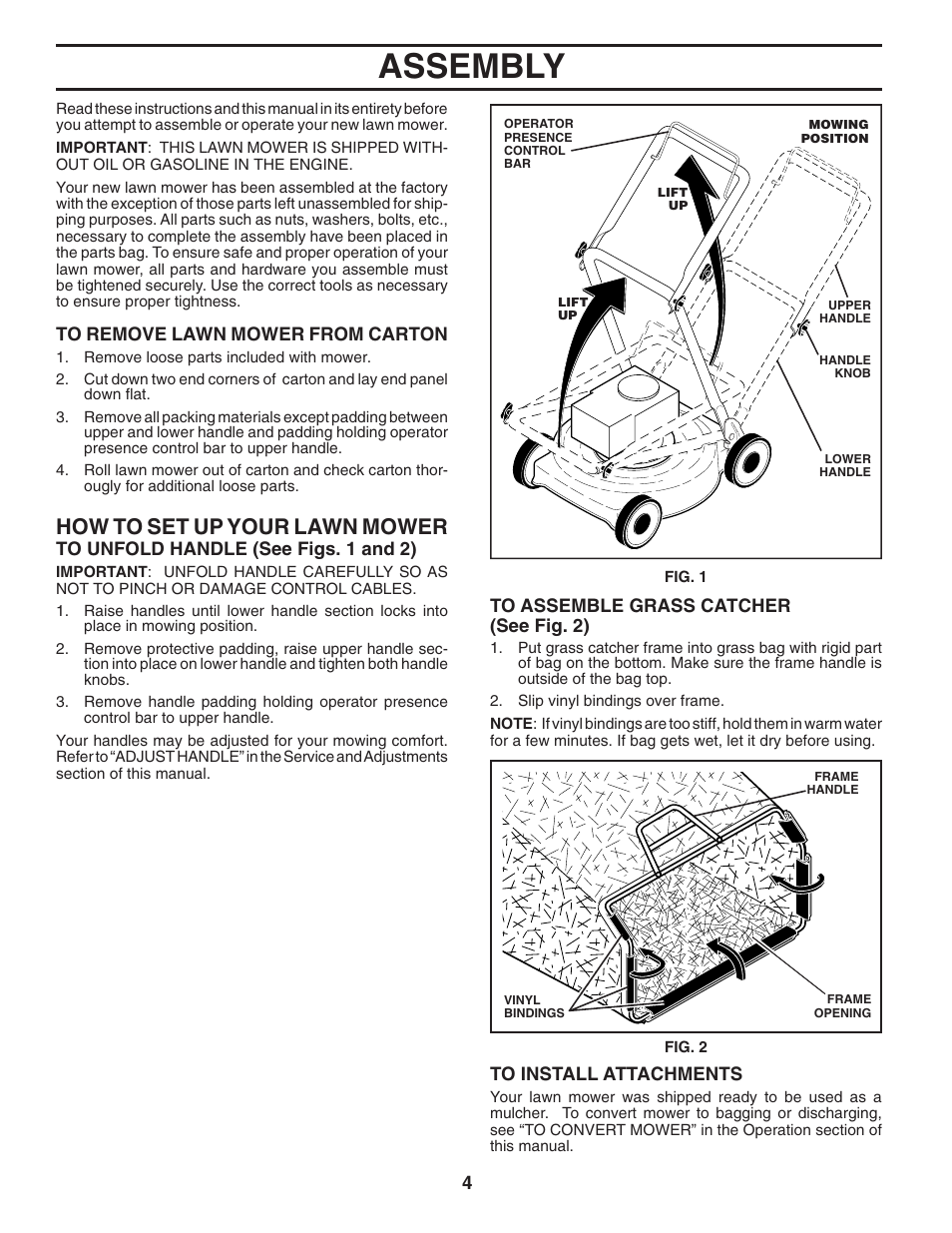 Assembly, How to set up your lawn mow er | Husqvarna 7021F User Manual | Page 4 / 21