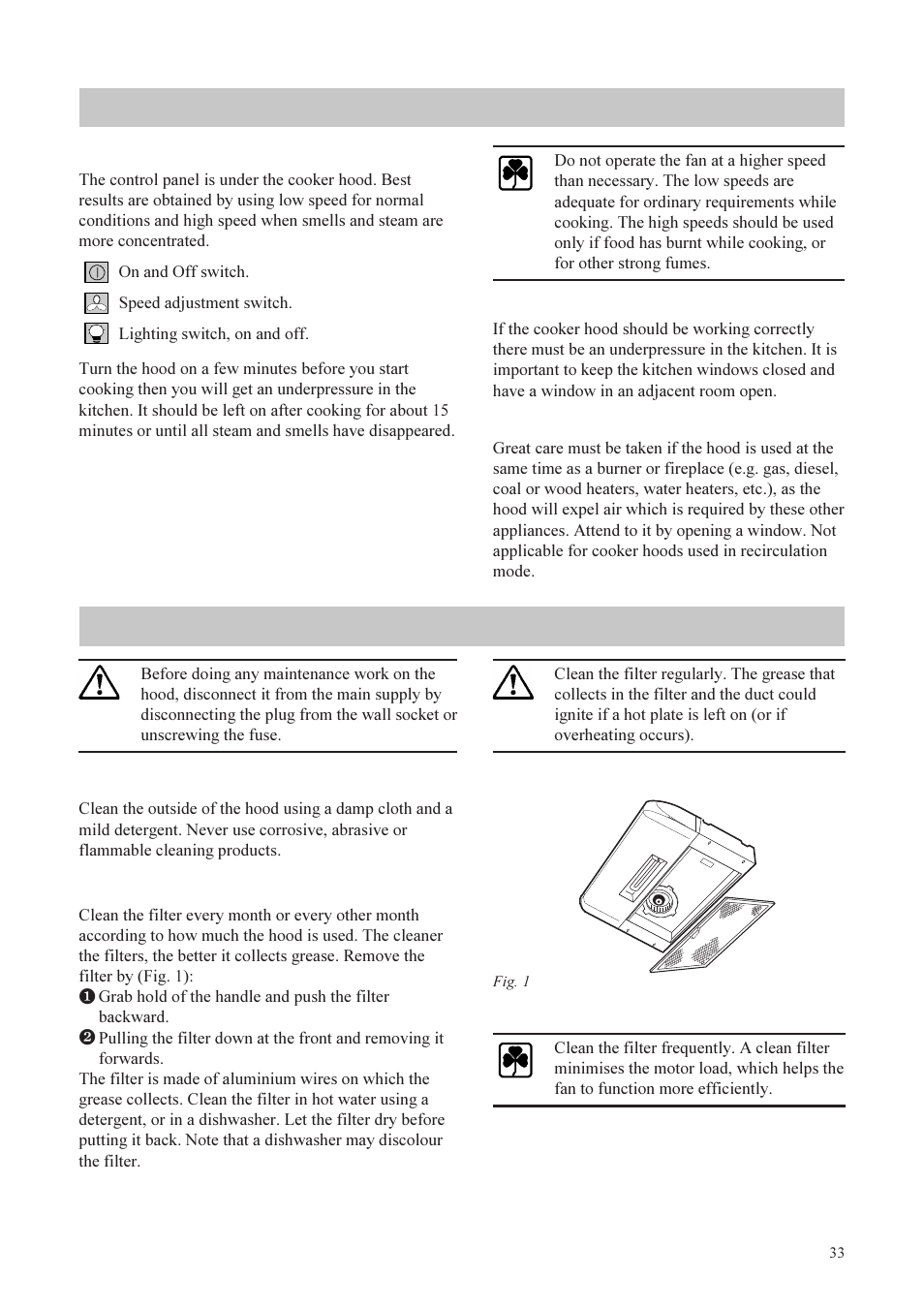 Using the cooker hood maintenance and cleaning, The control panel, Correct ventilation | Important to know, Cleaning the hood, Cleaning the grease filters | Husqvarna BREEZE QC 720 User Manual | Page 5 / 10