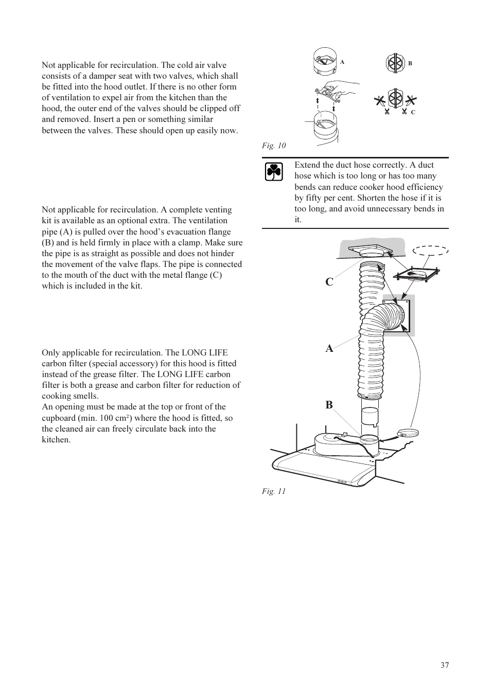 Ba c, Mounting the cold air valve (fig. 10), Mounting the venting kit (fig. 11) | Fitting the carbon filter | Husqvarna BREEZE QC 720 User Manual | Page 9 / 10