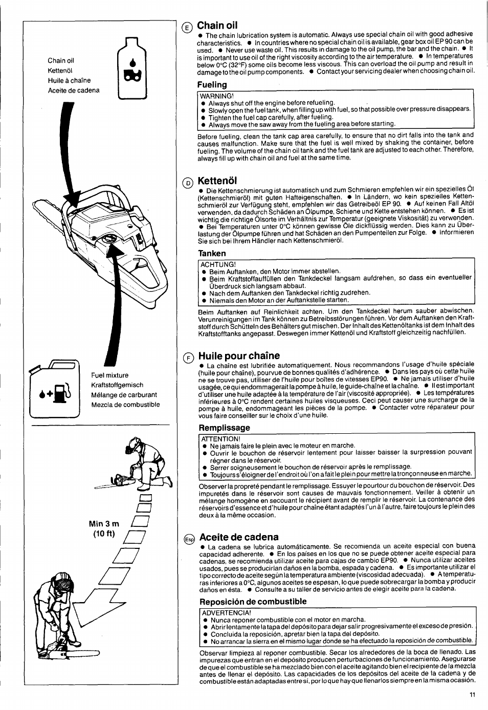 0 chain oil, Fueling, 0 kettenöl | Tanken, F) huile pour chaîne, Remplissage, Aceite de cadena, Reposición de combustibie | Husqvarna 50 Special User Manual | Page 11 / 42