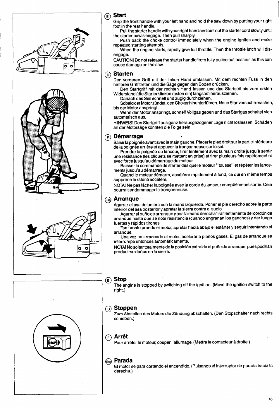 0 start, Starten, Démarrage | Arranque, 0 stop, 0 stoppen, 0 arrêt, 0 parada, Stop, Arrêt | Husqvarna 50 Special User Manual | Page 13 / 42