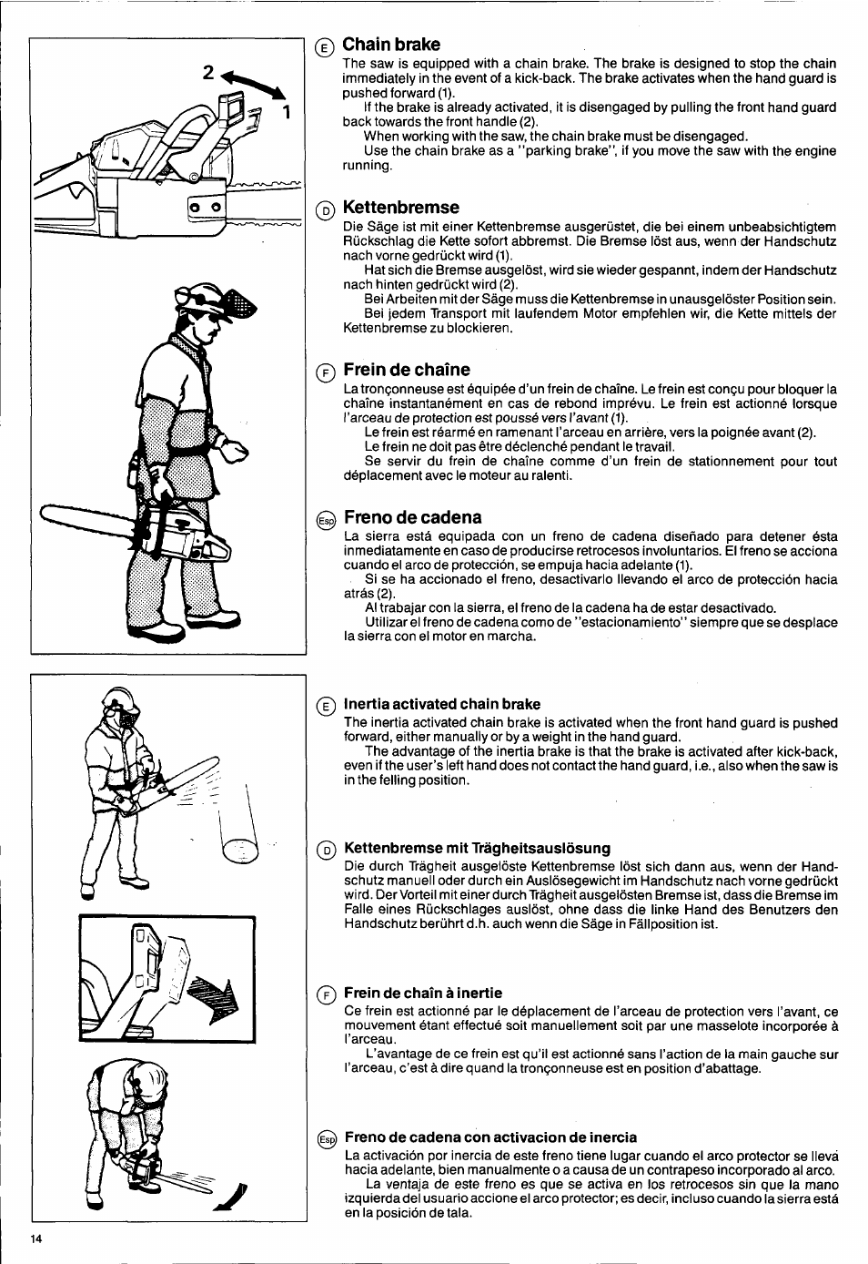 Chain brake, Kettenbremse, Frein de chaîne | Freno de cadena, Inertia activated chain brake, Kettenbremse mit trägheitsauslösung, Frein de chain à inertie, Freno de cadena con activación de inercia, Frein de chaîne —15, Freno de cadena —15 | Husqvarna 50 Special User Manual | Page 14 / 42
