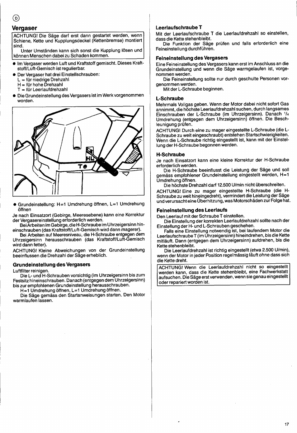 Grundeinstellung des vergasers, Feineinstellung des vergasers, L-schraube | H-schraube, Feineinstellung des leerlaufs | Husqvarna 50 Special User Manual | Page 17 / 42