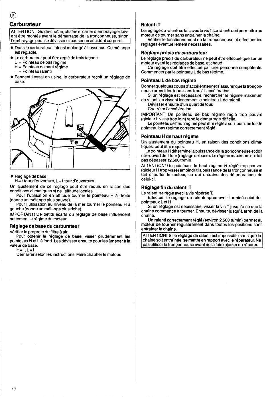 Carburateur, Réglage de base du carburateur, Ralenti t | Réglage précis du carburateur, Pointeau l de bas régime, Pointeau h de haut régime, Réglage fin du ralenti t | Husqvarna 50 Special User Manual | Page 18 / 42