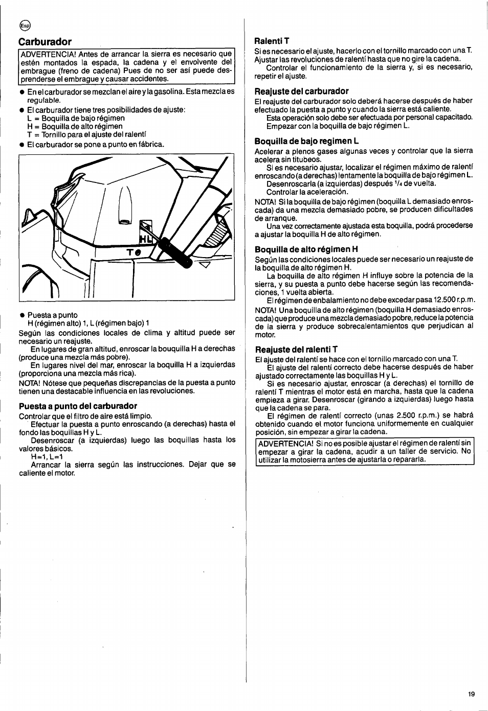 Carburador, Puesta a punto del carburador, Ralenti t | Reajuste del carburador, Boquilla de bajo regimen l, Boquilla de aito régimen h, Reajuste dei ralenti t | Husqvarna 50 Special User Manual | Page 19 / 42