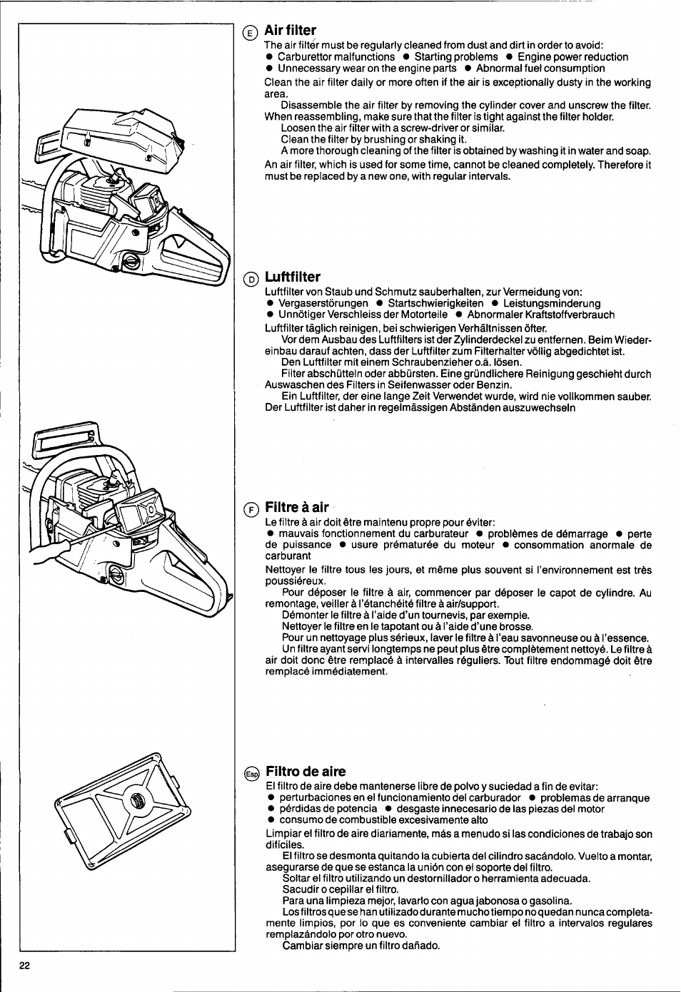 Air filter, Luftfilter, Filtre à air | Espj filtro de aire, Filtro de aire | Husqvarna 50 Special User Manual | Page 22 / 42