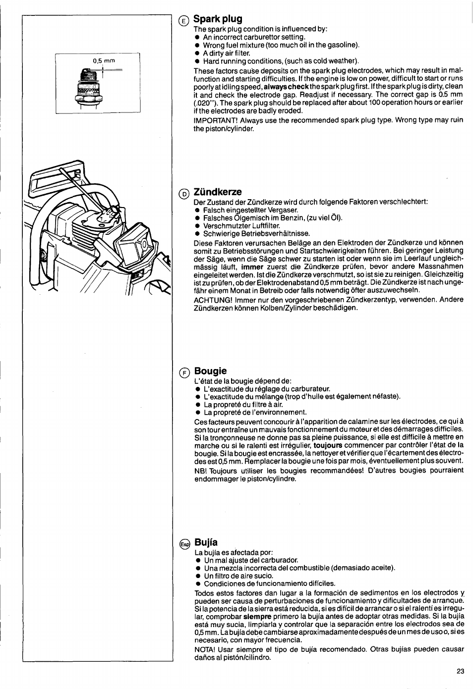 Spark plug, Zündkerze, Bougie | Bujía | Husqvarna 50 Special User Manual | Page 23 / 42