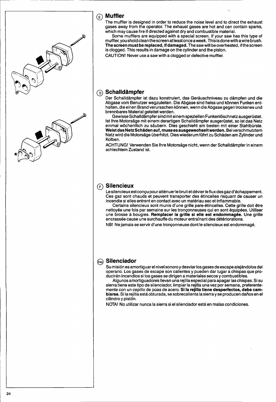 Muffler, Schalldämpfer, Silencieux | Silenciador | Husqvarna 50 Special User Manual | Page 24 / 42