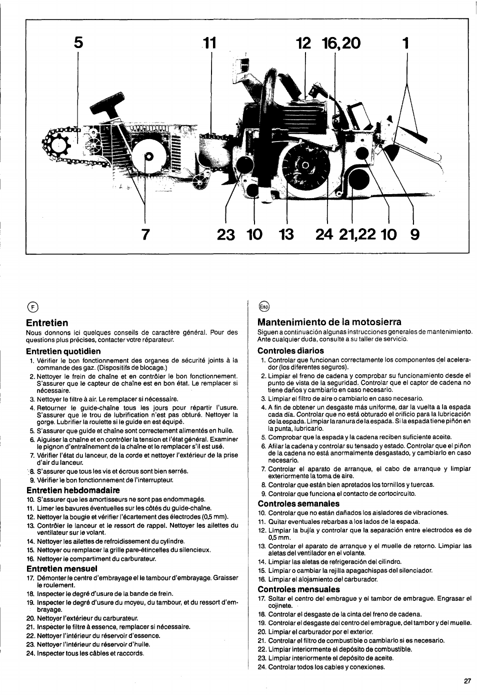 Entretien, Entretien quotidien, Entretien hebdomadaire | Entretien mensuei, Mantenimiento de la motosierra, Controies diarios, Controles semanales, Controles mensuales, Entretien —27 | Husqvarna 50 Special User Manual | Page 27 / 42