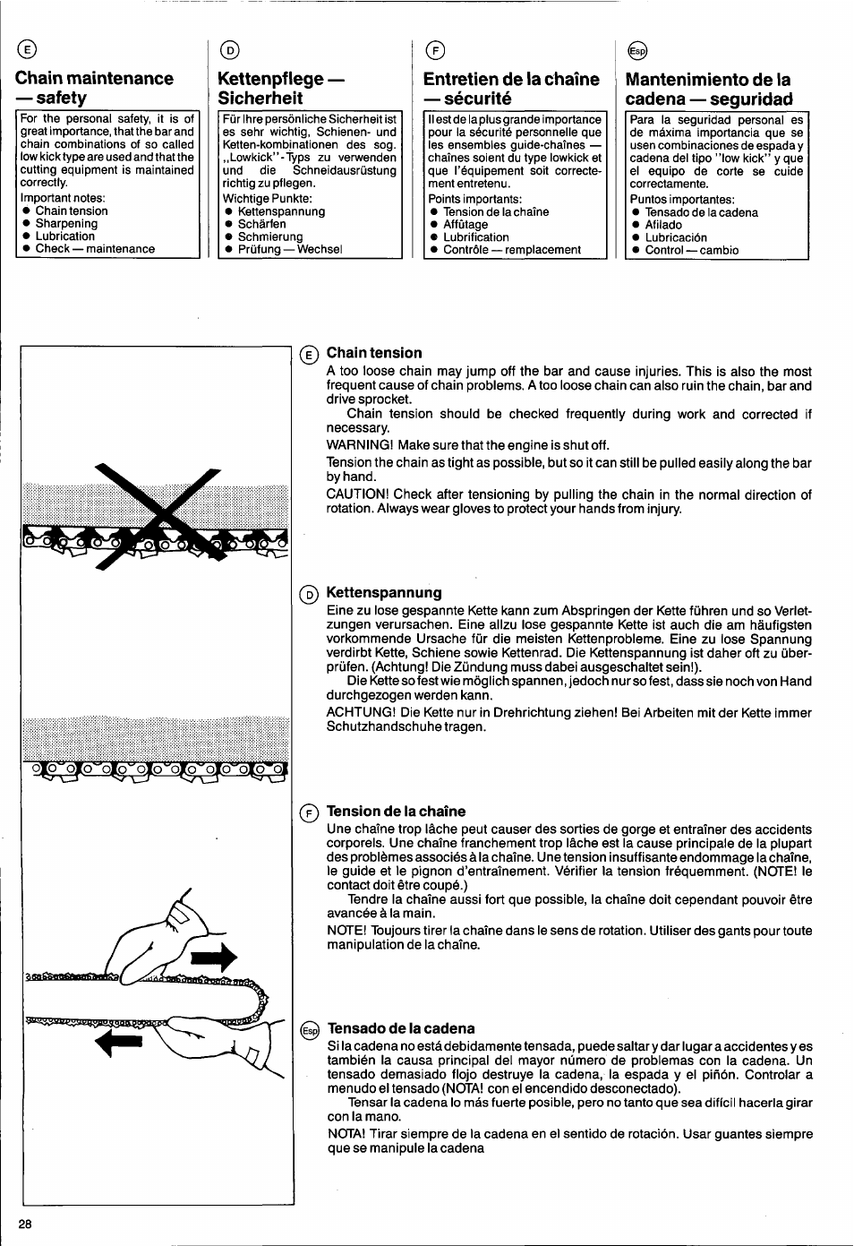 Chain maintenance — safety, Entretien de la chaîne — sécurité, Mantenimiento de la cadena — seguridad | Chain tension, Kettenspannung, Tension de la chaîne, Tensado de la cadena, Mantenimiento de la, Cadena —31, Kettenpflege — sicherheit | Husqvarna 50 Special User Manual | Page 28 / 42