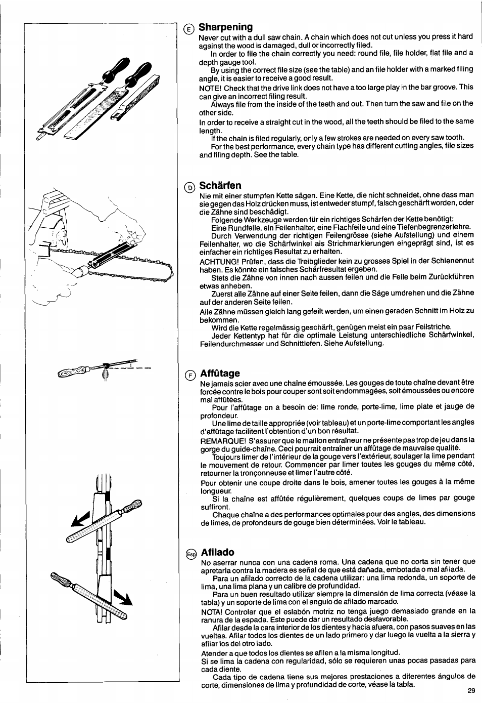 0 sharpening, Schärfen, Affûtage | Afilado, Sharpening | Husqvarna 50 Special User Manual | Page 29 / 42