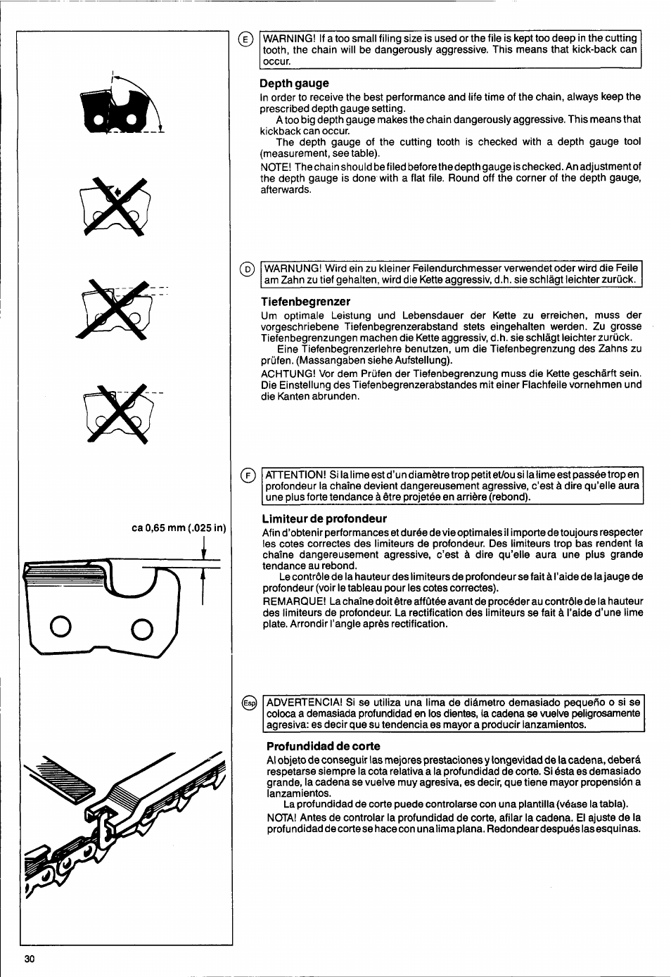 Depth gauge, Tiefenbegrenzer, Limiteur de profondeur | Profundidad de corte | Husqvarna 50 Special User Manual | Page 30 / 42