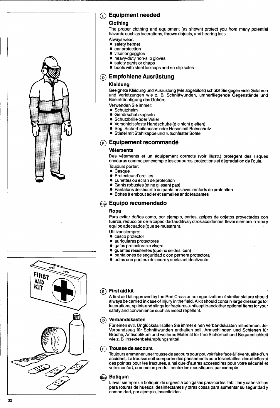 0 equipment needed, Clothing, Empfohlene ausrüstung | Kleidung, 0 equipement recommandé, Vêtements, E^ equipo recomendado, Ropa, 0 first aid kit, 0 verbandskasten | Husqvarna 50 Special User Manual | Page 32 / 42