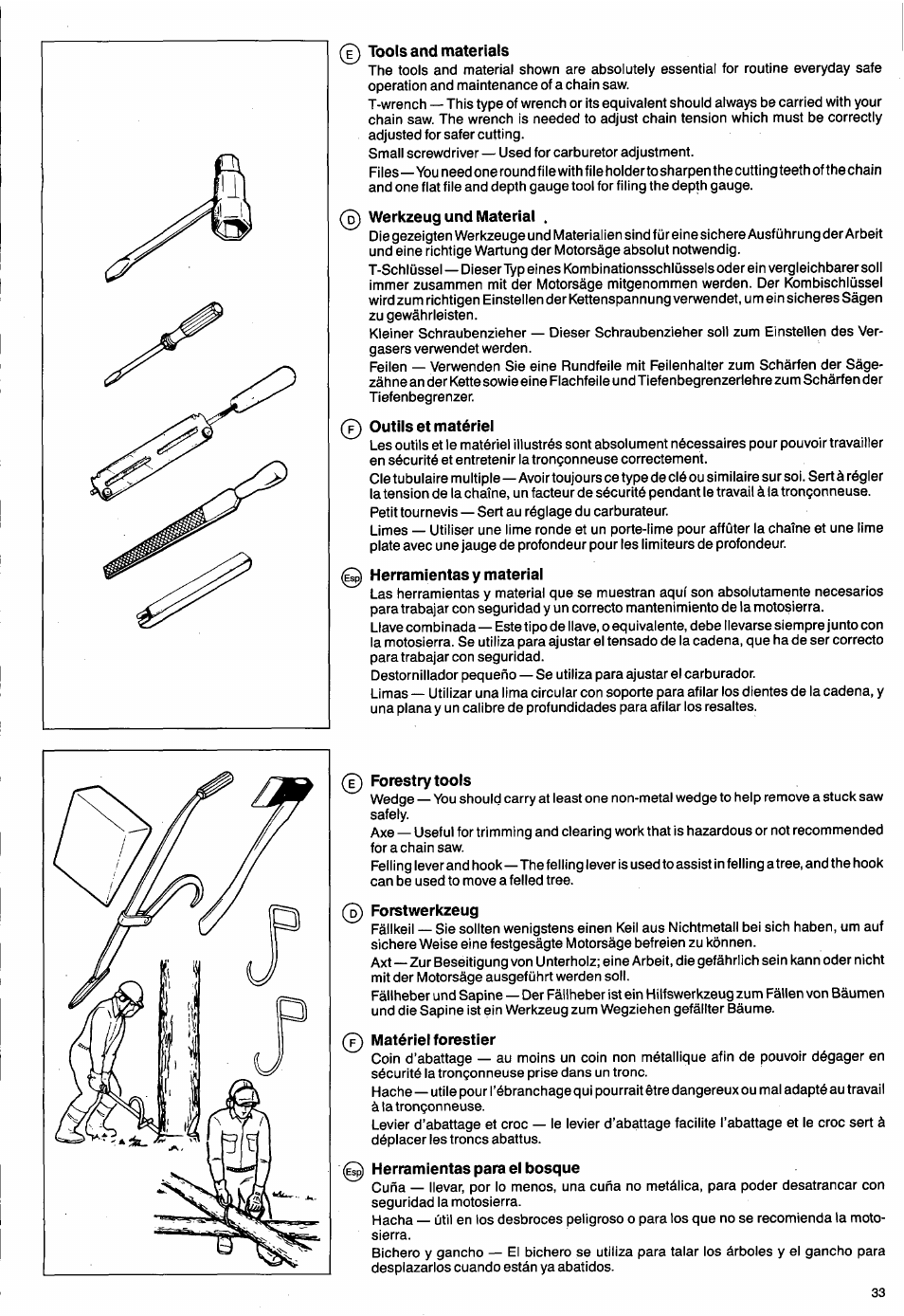 0 tools and materials, 0 werkzeug und material, 0 outils et matériel | 0 herramientas y material, 0 forestry tools, 0 forstwerkzeug, 0 matériel forestier, 0 herramientas para el bosque | Husqvarna 50 Special User Manual | Page 33 / 42