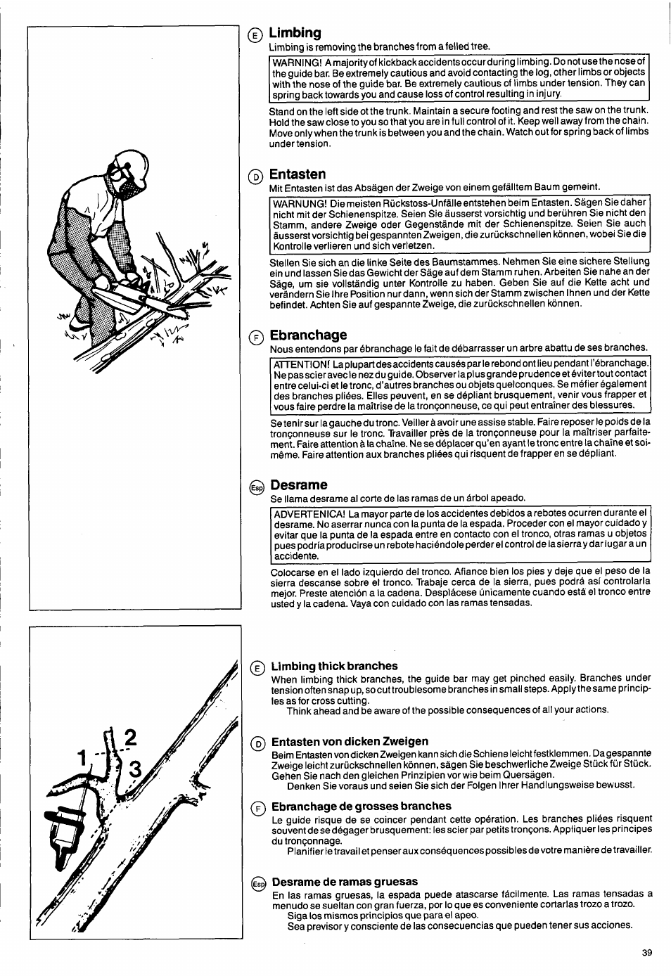 0 limbing, 0 entasten, 0 ebranchage | 0 desrame, Limbing thick branches, Entasten von dicken zweigen, 0 ebranchage de grosses branches, 0 desrame de ramas gruesas, Limbing, Ebranchage | Husqvarna 50 Special User Manual | Page 39 / 42