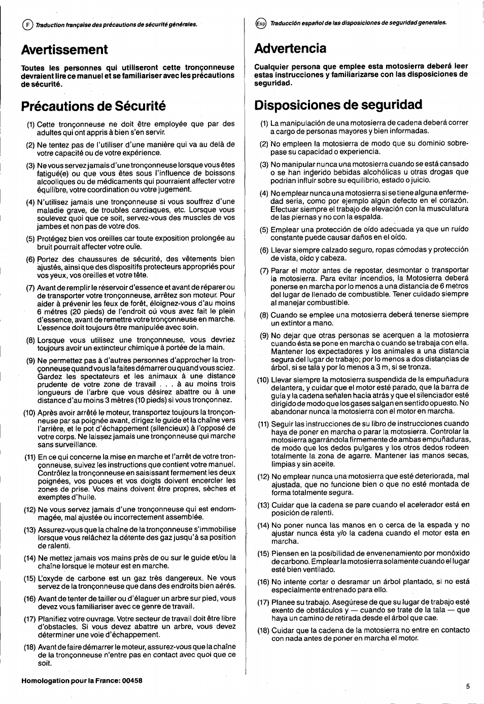 Avertissement, Précautions de sécurité, Advertencia | Disposiciones de seguridad | Husqvarna 50 Special User Manual | Page 5 / 42