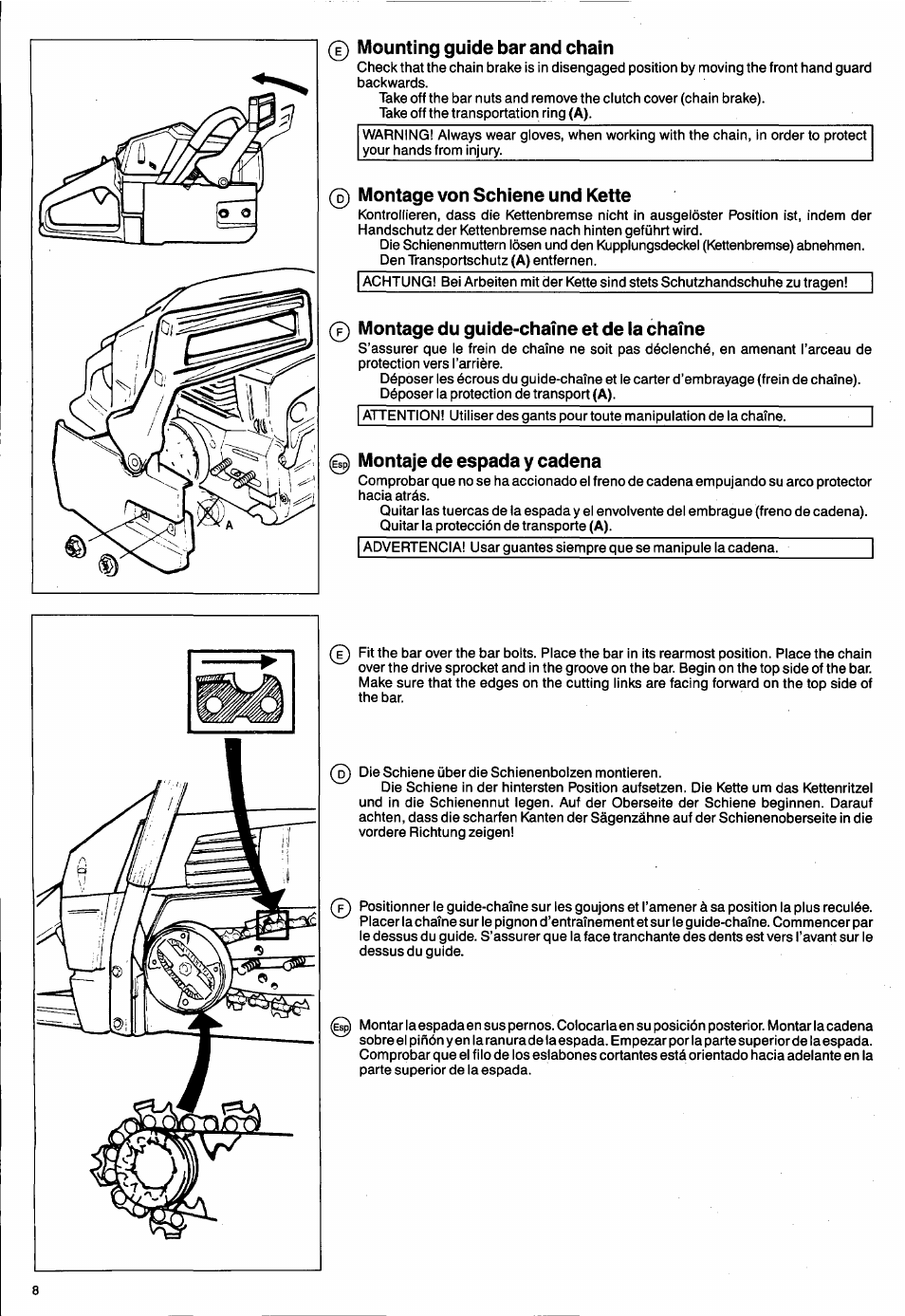 0 mounting guide bar and chain, 0 montage von schiene und kette, 0 montage du guide-chaîne et de la chaîne | 0 montaje de espada y cadena, Montage du guide-chaîne, Et de la chaîne —9, Montaje de espada, Y cadena —9, Montage du guide-chaîne et de la chaîne | Husqvarna 50 Special User Manual | Page 8 / 42