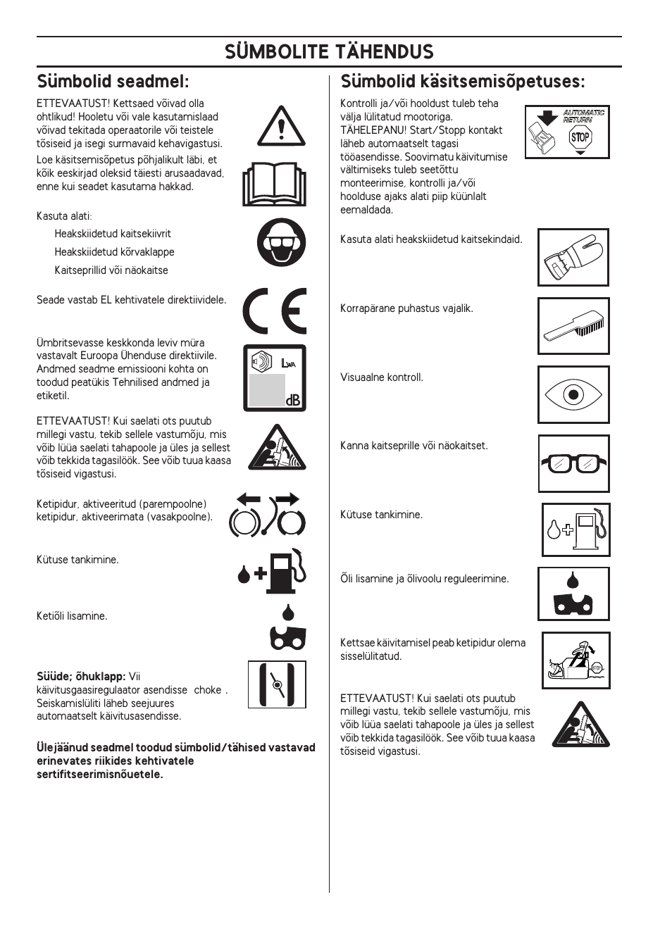 Sümbolid seadmel, Sümbolid käsitsemisõpetuses, Sümbolite tähendus | Husqvarna 140 User Manual | Page 316 / 420