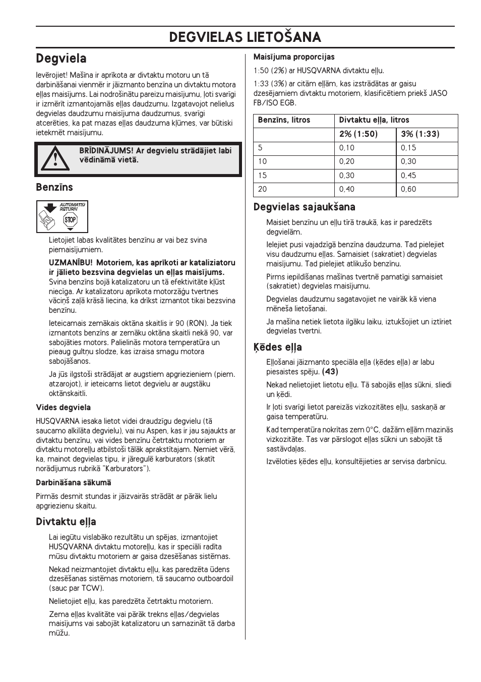 Degviela, Benz¥ns, Divtaktu eººa | Degvielas sajauk‰ana, Μïdes eººa, Degvielas lieto·ana, Divtaktu e∫∫a, Μïdes e∫∫a | Husqvarna 140 User Manual | Page 353 / 420