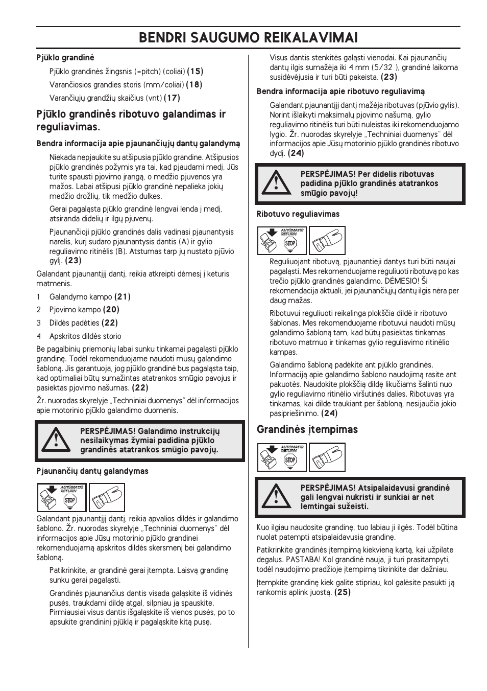 Grandinòs °tempimas, Bendri saugumo reikalavimai, Grandinòs ∞tempimas | Husqvarna 140 User Manual | Page 375 / 420