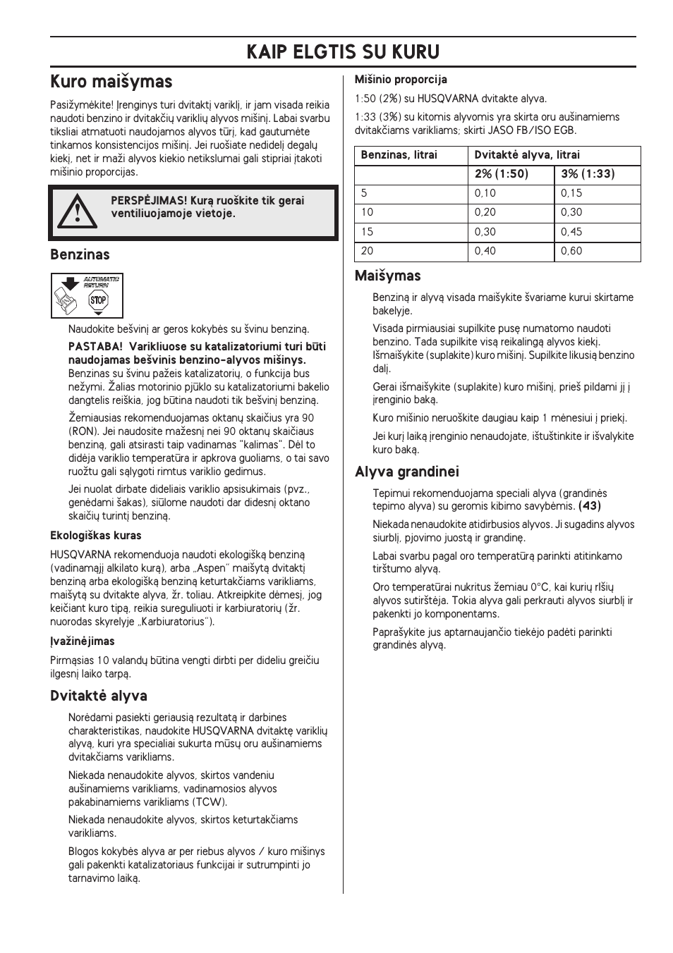 Kuro mai‰ymas, Benzinas, Dvitaktò alyva | Mai‰ymas, Alyva grandinei, Kaip elgtis su kuru | Husqvarna 140 User Manual | Page 379 / 420