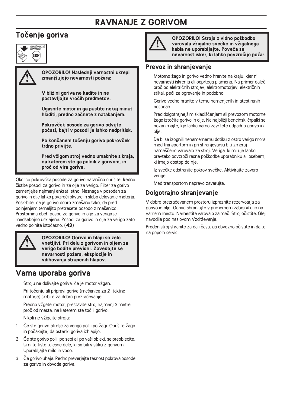 Toãenje goriva, Varna uporaba goriva, Prevoz in shranjevanje | Dolgotrajno shranjevanje, Ravnanje z gorivom | Husqvarna 140 User Manual | Page 406 / 420