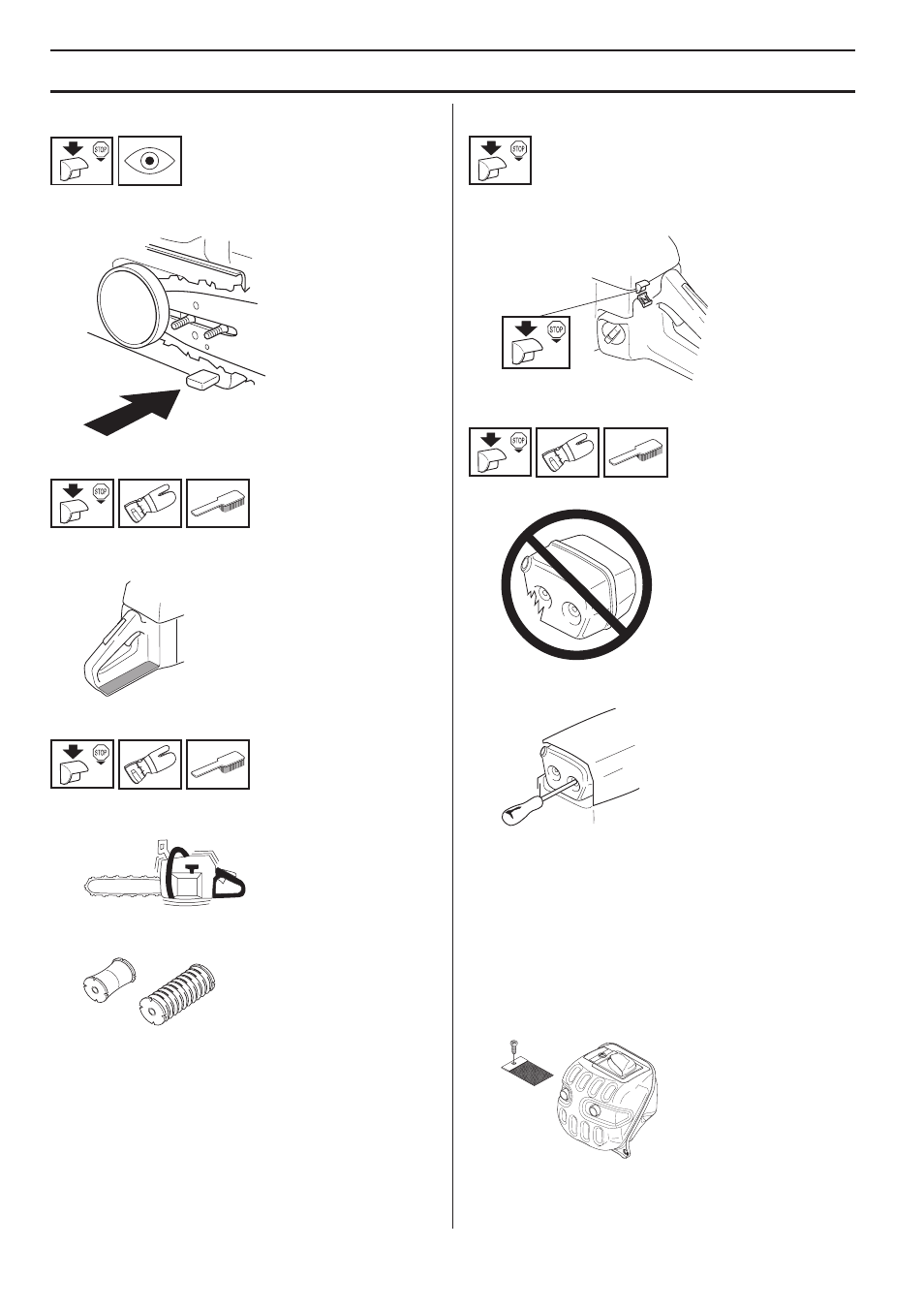 Chain catcher, Right hand guard, Vibration damping system | Stop switch, Muffler, Maintenance | Husqvarna 570 EPA III User Manual | Page 32 / 44