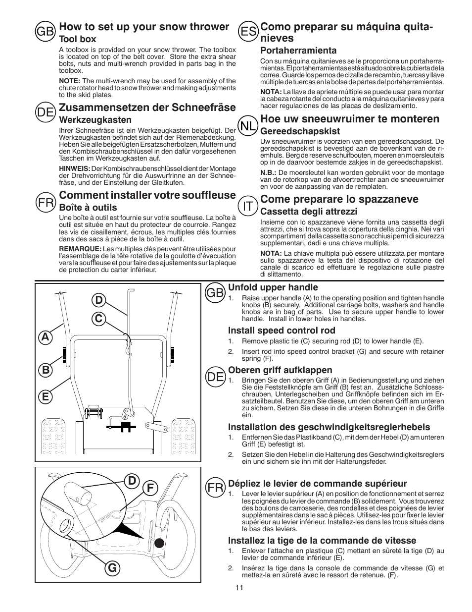 Gf d, How to set up your snow thrower, Zusammensetzen der schneefräse | Comment installer votre souffleuse, Como preparar su máquina quita- nieves, Hoe uw sneeuwruimer te monteren, Come preparare lo spazzaneve, Ed c b a | Husqvarna ST 268EP User Manual | Page 11 / 68