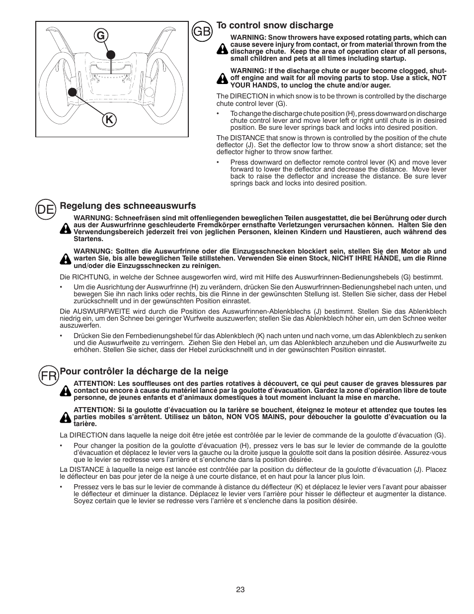 Regelung des schneeauswurfs, Pour contrôler la décharge de la neige | Husqvarna ST 268EP User Manual | Page 23 / 68