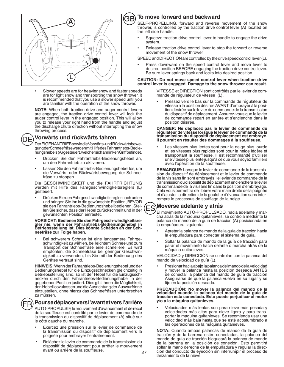 Vorwärts und rückwärts fahren, Pour se déplacer vers l’avant et vers l’arrière, Moverse adelante y atrás | Husqvarna ST 268EP User Manual | Page 27 / 68