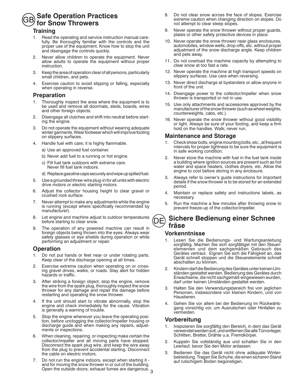 Safe operation practices for snow throwers, Sichere bedienung einer schnee fräse, Training | Preparation, Operation, Maintenance and storage, Vorkenntnisse, Vorbereitung | Husqvarna ST 268EP User Manual | Page 3 / 68