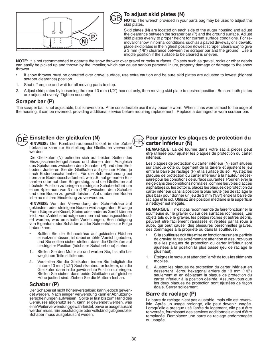 Scraper bar (p), Einstellen der gleitkufen (n), Schaber (p) | Barre de raclage (p) | Husqvarna ST 268EP User Manual | Page 30 / 68