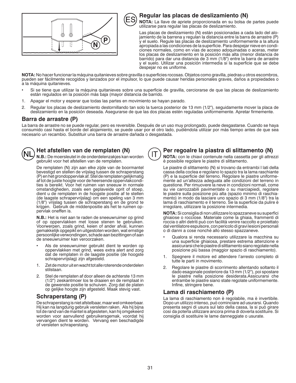 Regular las placas de deslizamiento (n), Barra de arrastre (p), Het afstellen van de remplaten (n) | Schraperstang (p), Per regoalre la piastra di slittamento (n), Lama di raschiamento (p) | Husqvarna ST 268EP User Manual | Page 31 / 68