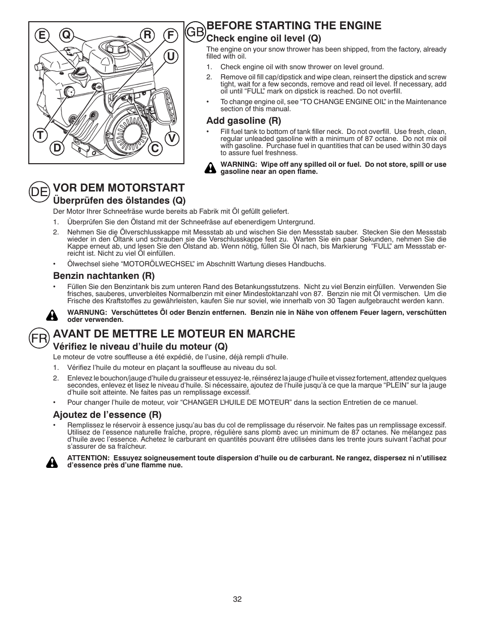 Before starting the engine, Avant de mettre le moteur en marche | Husqvarna ST 268EP User Manual | Page 32 / 68