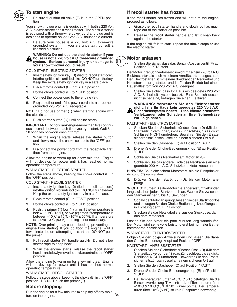 Before stopping, If recoil starter has frozen, Motor anlassen | Husqvarna ST 268EP User Manual | Page 34 / 68