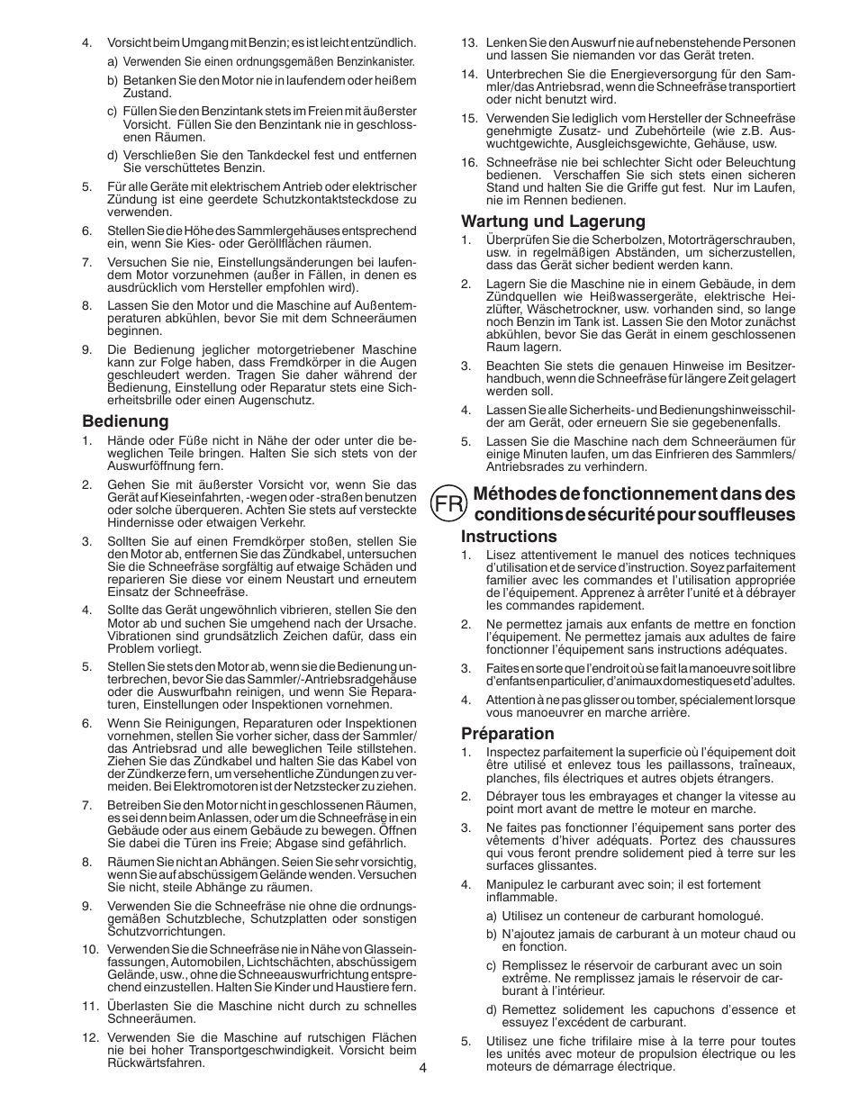 Instructions, Préparation, Bedienung | Wartung und lagerung | Husqvarna ST 268EP User Manual | Page 4 / 68