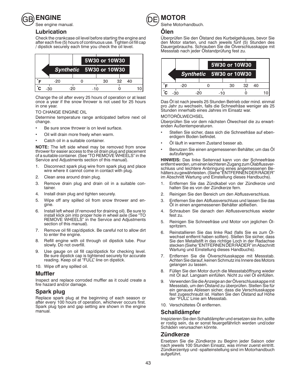Engine, Motor, Lubrication | Muffler, Spark plug, Ölen, Schalldämpfer, Zündkerze | Husqvarna ST 268EP User Manual | Page 43 / 68