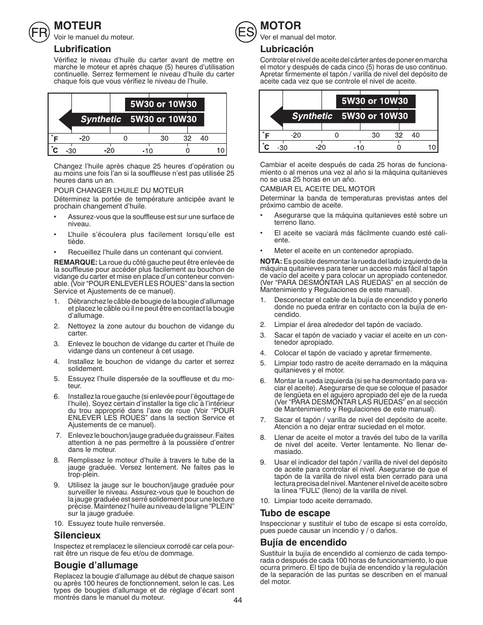 Moteur, Motor, Lubrification | Silencieux, Bougie d’allumage, Lubricación, Tubo de escape, Bujía de encendido | Husqvarna ST 268EP User Manual | Page 44 / 68