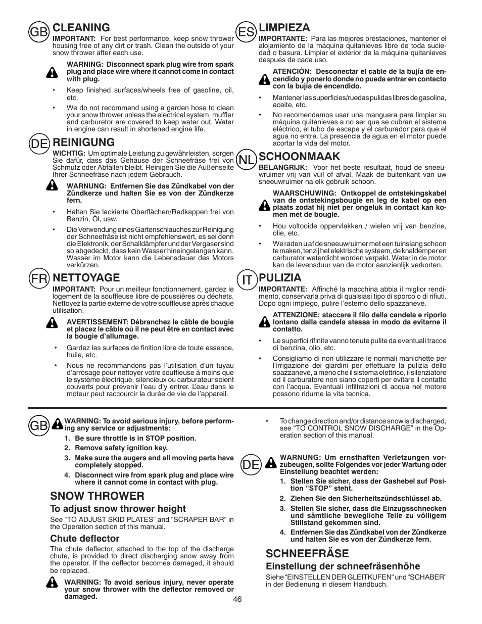 Limpieza, Schoonmaak, Pulizia | Cleaning, Reinigung, Nettoyage, Snow thrower, Schneefräse, Chute deflector, Einstellung der schneefräsenhöhe | Husqvarna ST 268EP User Manual | Page 46 / 68