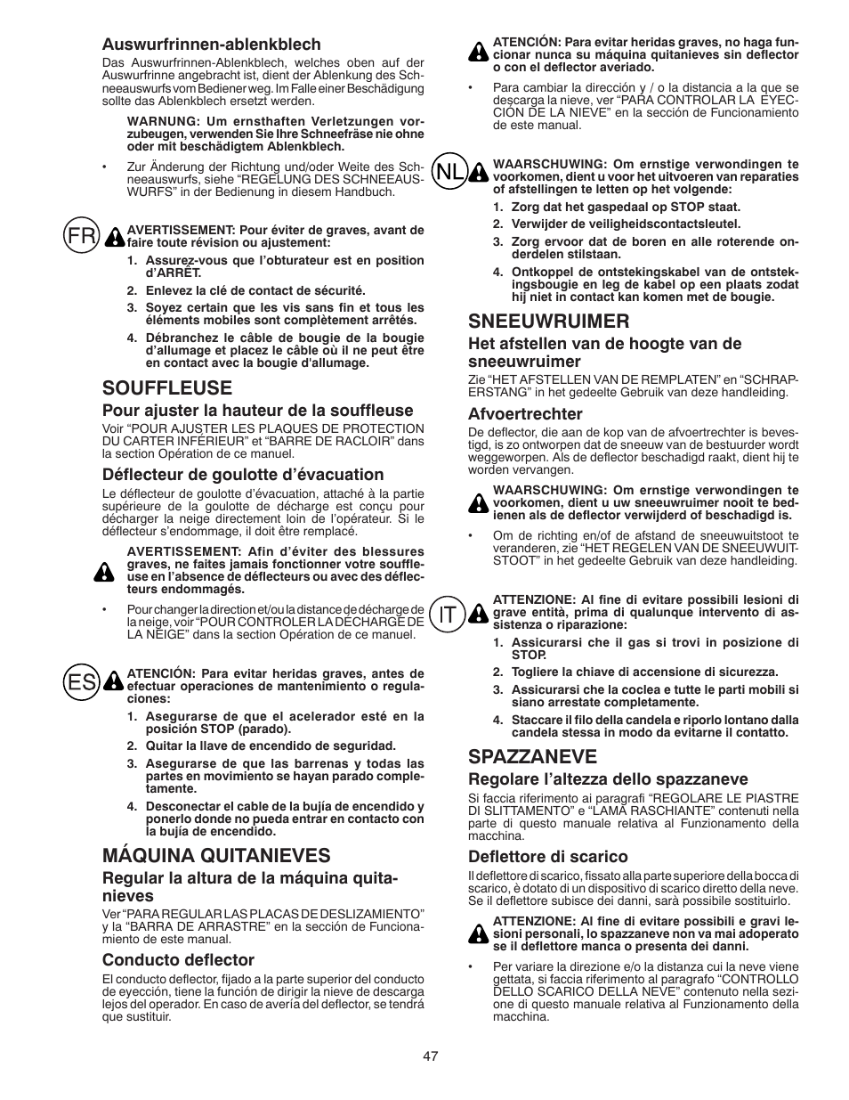 Souffleuse, Máquina quitanieves, Sneeuwruimer | Spazzaneve | Husqvarna ST 268EP User Manual | Page 47 / 68